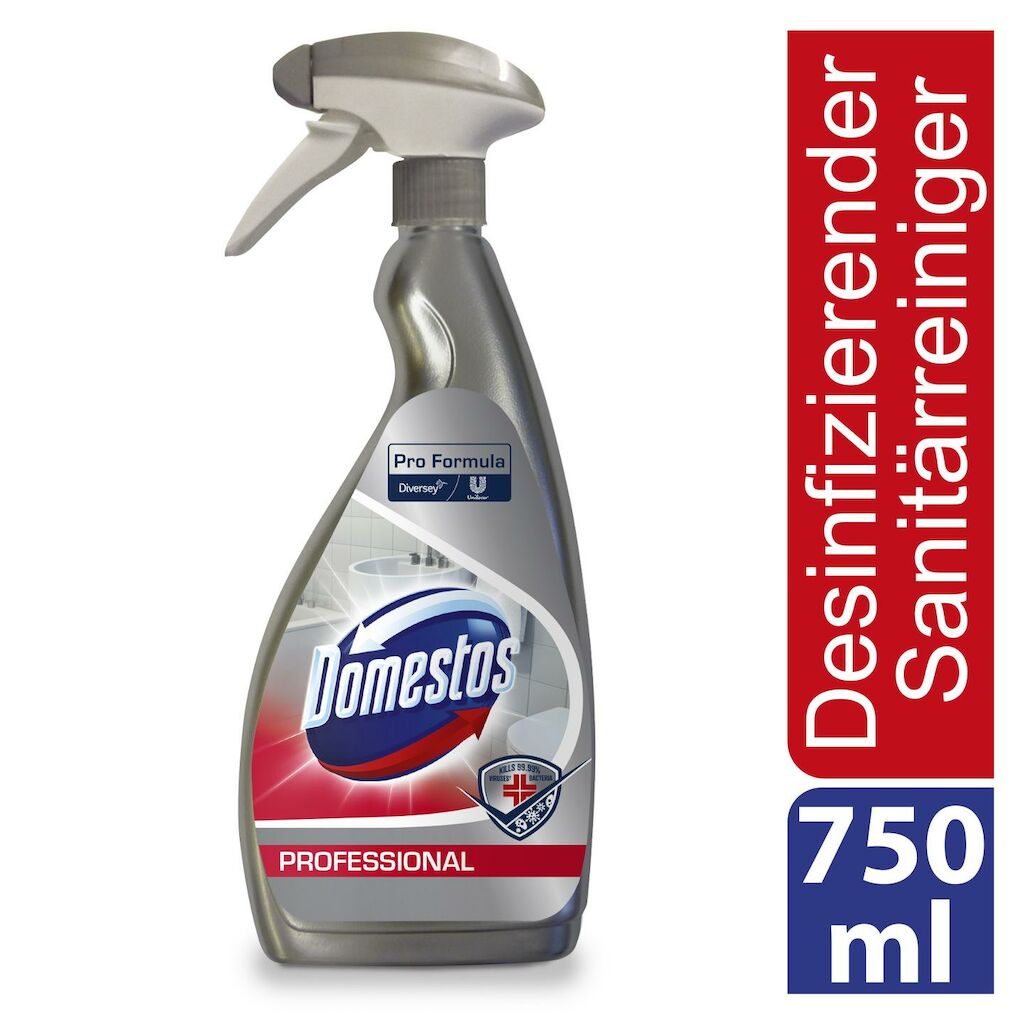 Domestos Professional 4 in 1 Sanitärreiniger (TASKI®  Sani 4in1 Plus Spray) 6x0.75L - Kombinierter Badreiniger, Entkalker, Desinfektionsmittel und Geruchsneutralisierer für alle säure- und wasserbeständigen harten Oberflächen in Sanitärbereichen